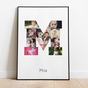 Collage de fotos de la letra M, Regalo de fotos de nombre, Collage de fotos de recién nacidos, Regalo personalizado de recién nacidos, Regalo imprimible de primer cumpleaños, PDF IMPRIMIBLE, JPG
