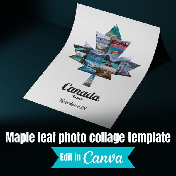 Canada Maple Leaf fotocollage sjabloon, huwelijksreis huwelijksgeschenken, aangepaste reisbestemming cadeau, Toronto Vancouver, Canva sjabloon