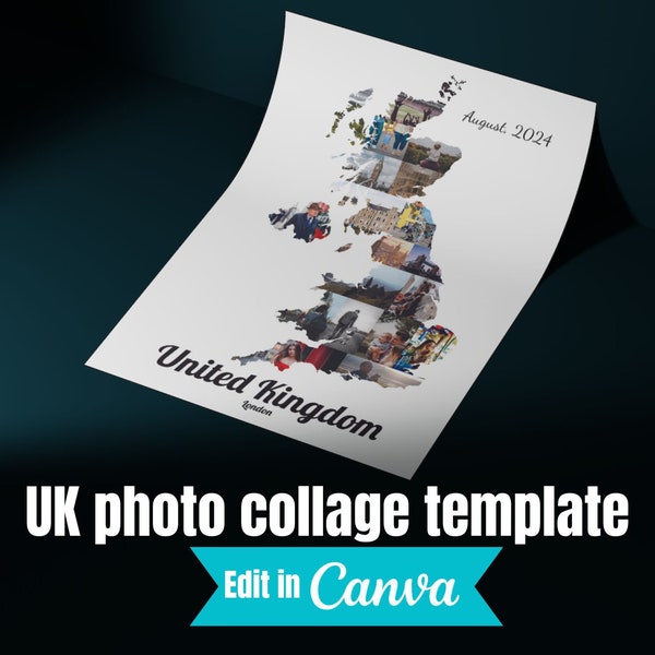 United Kingdom photo collage template, Honeymoon wedding gift Britain England, Custom travel destination wall art, Europe London UK trip