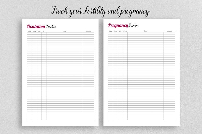 May include: Printable black and white ovulation and pregnancy tracker sheets. The sheets have columns for date, time, cycle day, temperature, and notes.