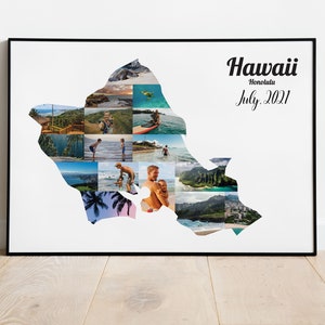 Colagem de fotos do Havaí Oahu, presente de casamento de lua de mel, arte de parede personalizada para viagem de carro em família para impressão, mapa do Havaí Oahu, arquivo DIGITAL JPEG e PDF