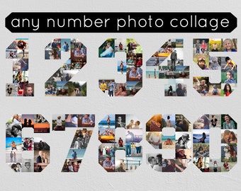 Collage de fotos de CUALQUIER NÚMERO, números deportivos de camisetas de 1 o 2 dígitos personalizados para la noche de los mayores, regalo de cumpleaños IMPRIMIBLE en archivos pdf y jpeg