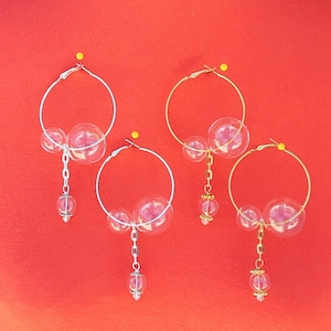 Hand Blown Glass Bubble Dangle 3.15&quot; Hoops - Gold or Silver Plated Statement Earrings - Katy Perry Style - Unique Gift for Her