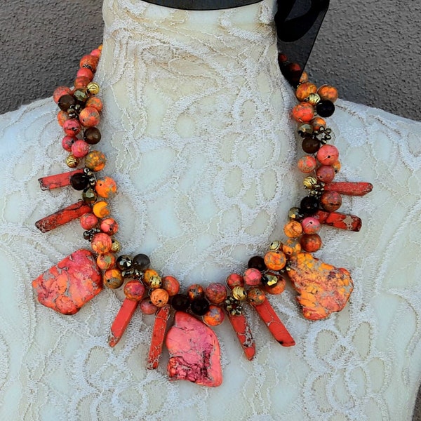 Chunky Orange Statement Necklace, Unique Twisted Wire Gemstone Collar, Jasper Gift for Her