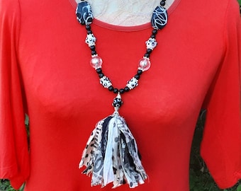 Boho Black & White Sari Tassel Statement Necklace - Beads and Fabric Gift for Her