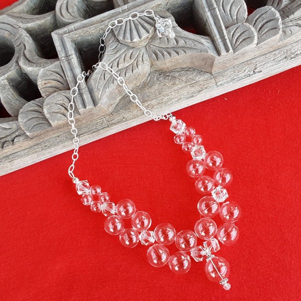 Clear Glass Bubble & Crystal Statement Necklace - Unique Bridal Bib - OOAK Gift for Her - Hand Blown Transparent Glass Bib