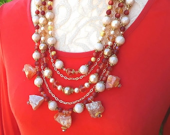 Gemstone Multi-Strand Statement Necklace - Chunky Quartz & Pearl Collar  -  Mother of the Bride Bib - Iris Apfel Inspired