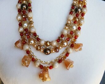 Chunky Multi-Strand Gemstone Statement Necklace - Quartz & Pearl Collar  -  Mother of the Bride Collar - Iris Apfel Inspired