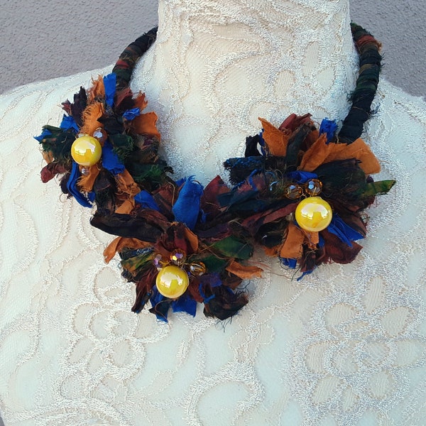 Flower Silk Ribbon Statement Necklace - Unique  Gift for Her - Colorful Fabric Collar