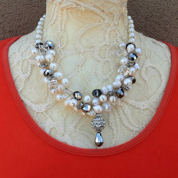 Unique Freshwater Pearl Statement Necklace - One of a Kind Gift for Her - Designer Inspired Bridal Cluster Bib