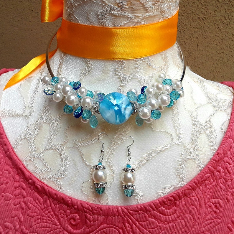 Pearl Cluster Statement Wire Choker Set Something Blue Gift for Her