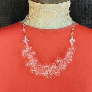 Clear ALL Glass Statement Necklace - Unique Gold or Silver Bridal Bubble Cluster Collar - Bold Light Weight Gift for Her - Multi-strand Bib