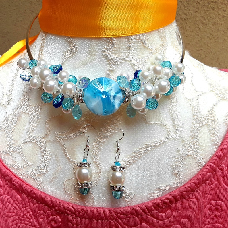 Pearl Cluster Statement Wire Choker Set Something Blue Gift for Her