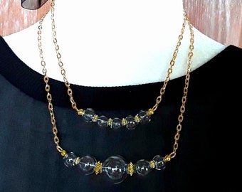 Hand Blown Clear Glass Bubble Layered Necklace Set in Gold or Silver Plate - Unique One of a Kind Gift for Her