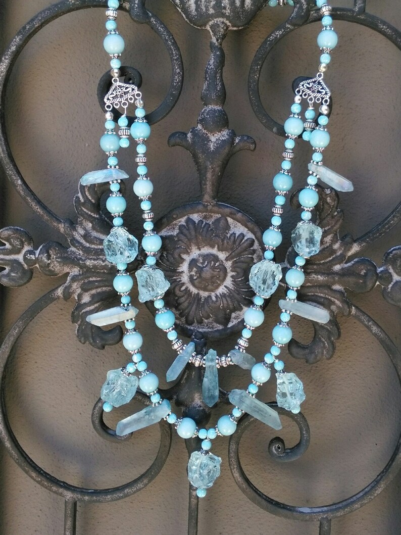 Sky Blue Quartz Gemstone Statement Necklace, Turquoise Chunky Multi-Strand Gift for Her 