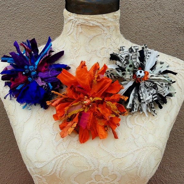 Shabby Chic Fabric Flower Brooch - Large Sari Silk Ribbon Floral Pin - Fiber Art Corsage - Colorful Hat Band/ Hair Accessory