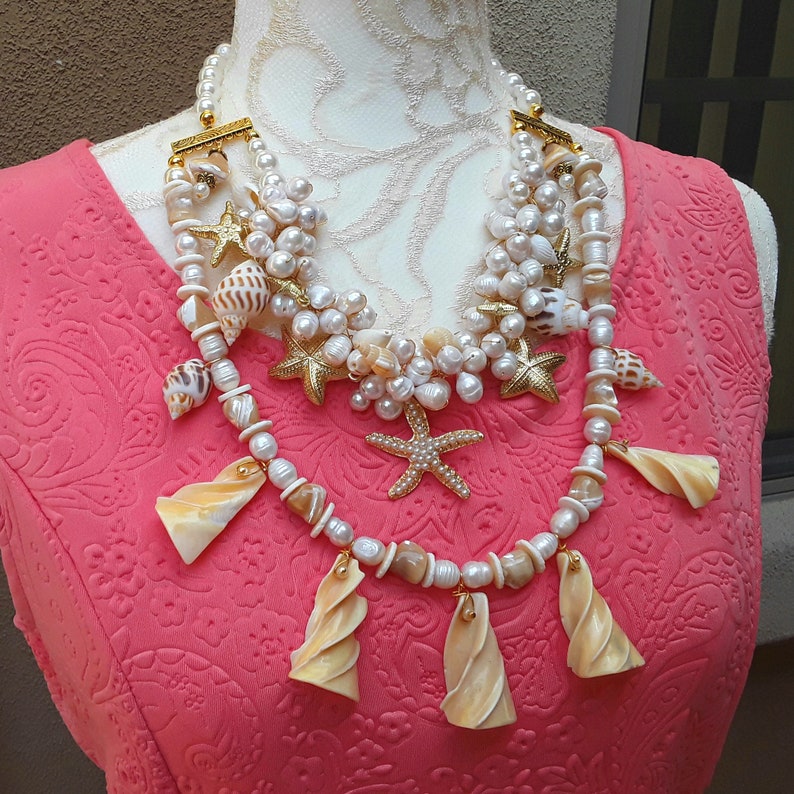 Special Gift for Her Unique Summer Collar Chunky Pearl and Shell Multi-Strand Statement Necklace