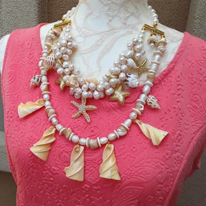 Special Gift for Her Unique Summer Collar Chunky Pearl and Shell Multi-Strand Statement Necklace