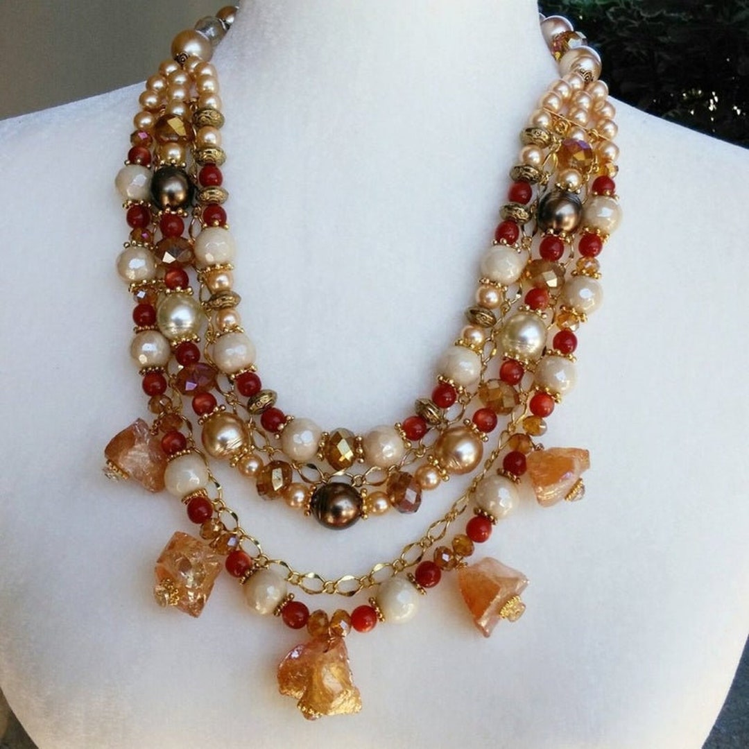 Chunky Multi-strand Gemstone Statement Necklace Quartz & - Etsy