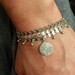 Sterling Silver Labyrinth Charm, Quad Strand Silver Notched Circle Dangle Chain, Chain Bracelet, Silver Puffy Heart Dangles. 128