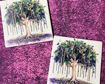 Mardi Gras Bead Tree 4x4 Tile Coaster Set - New Orleans Decor