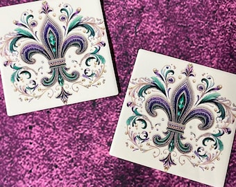 Mardi Gras Fleur de Lis 4x4 Tile Coaster Set - Purple, Green & Gold
