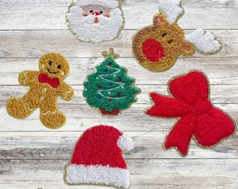 Mini Christmas Chenille Patch Set- Iron On-or Heat Transfer- Trucker Cap or Sweatshirt Applique
