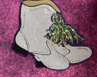 Mardi Gras Boots Sequin Patch- Iron On- Patch Only - Louisiana DIY Patch Glitter - Purple, Green, and Gold Varsity Sweatshirt DIY Patch