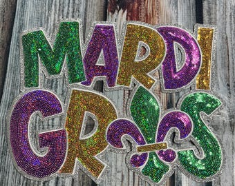 Mardi Gras- Sequin Patch- Iron On- Patch Only - Louisiana DIY Patch Glitter - Purple, Green, and Gold Varsity Sweatshirt DIY Patch