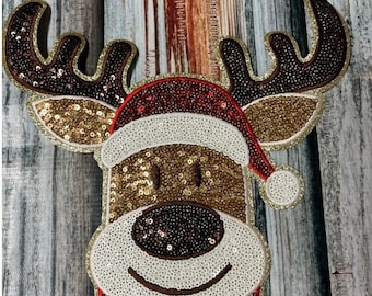 Reindeer Sequin Patch- Iron On-or Heat Transfer- Trucker Cap or Sweatshirt Applique