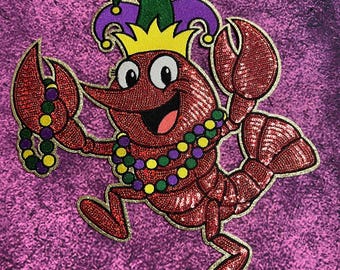 Mardi Gras Crawfish Sequin Patch - Large Iron-On Mudbug Applique - New Orleans Jester Crawfish Embroidery , Glitter, Sequins