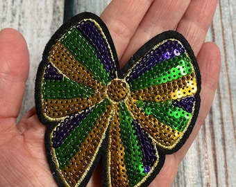 Mardi Gras Bow Mini Patch- Iron On- Patch Only - Louisiana DIY Patch Glitter - Purple, Green, and Gold  DIY Patch, Trucker Cap Patch