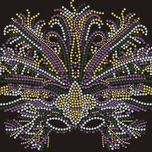 May include: A purple, green, and gold jeweled mask design. The mask is made of rhinestones and is in the shape of a traditional masquerade mask.