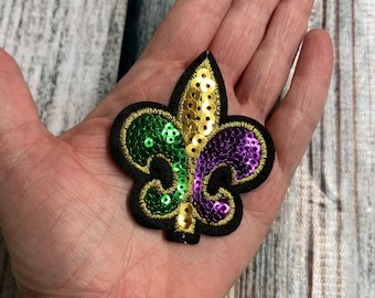 Mardi Gras Mini Patch- Iron On- Patch Only - Fleur de Lis, Louisiana DIY Patch Glitter - Purple, Green, and Gold  Patch, Trucker Cap Patch