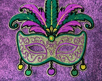 Mardi Gras Mask- Glitter Chenille  Patch- Iron On-  - Louisiana DIY Patch Glitter - Purple, Green, and Gold Varsity Sweatshirt DIY Patch