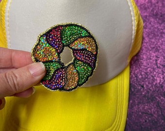 Sparkling King Cake Sequin Patch Mardi Gras-- Iron On - Louisiana DIY Patch Glitter - Purple, Green, and Gold Trucker Cap DIY Patch