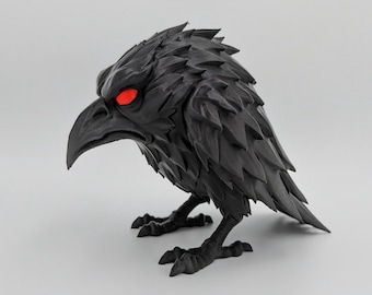 Gothic Raven Sculpture: Black Crow Figurine with Red Eyes