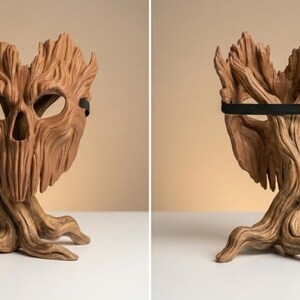 May include: A brown mask sculpted to resemble tree bark with deep grooves and a textured surface. The mask features eye and nose openings, a jagged top edge, and a black elastic strap attached to the sides for securing it in place.