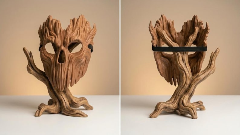 May include: A brown mask sculpted to resemble tree bark with deep grooves and a textured surface. The mask features eye and nose openings, a jagged top edge, and a black elastic strap attached to the sides for securing it in place.