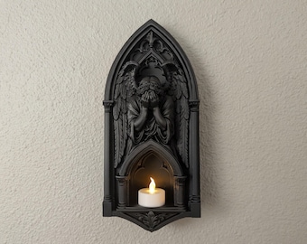 Wandreliquiar „Weinender Engel“ – Gotischer LED-Teelichthalter, Wanddekoration im Stil dunkler Romantik