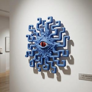 May include: A blue wall sculpture featuring a central eye with a red iris and a white sclera. The eye is surrounded by intricate, radiating, maze-like blue patterns. A small plaque below reads THE OBSERVER, J. Moon, Limited Edition.