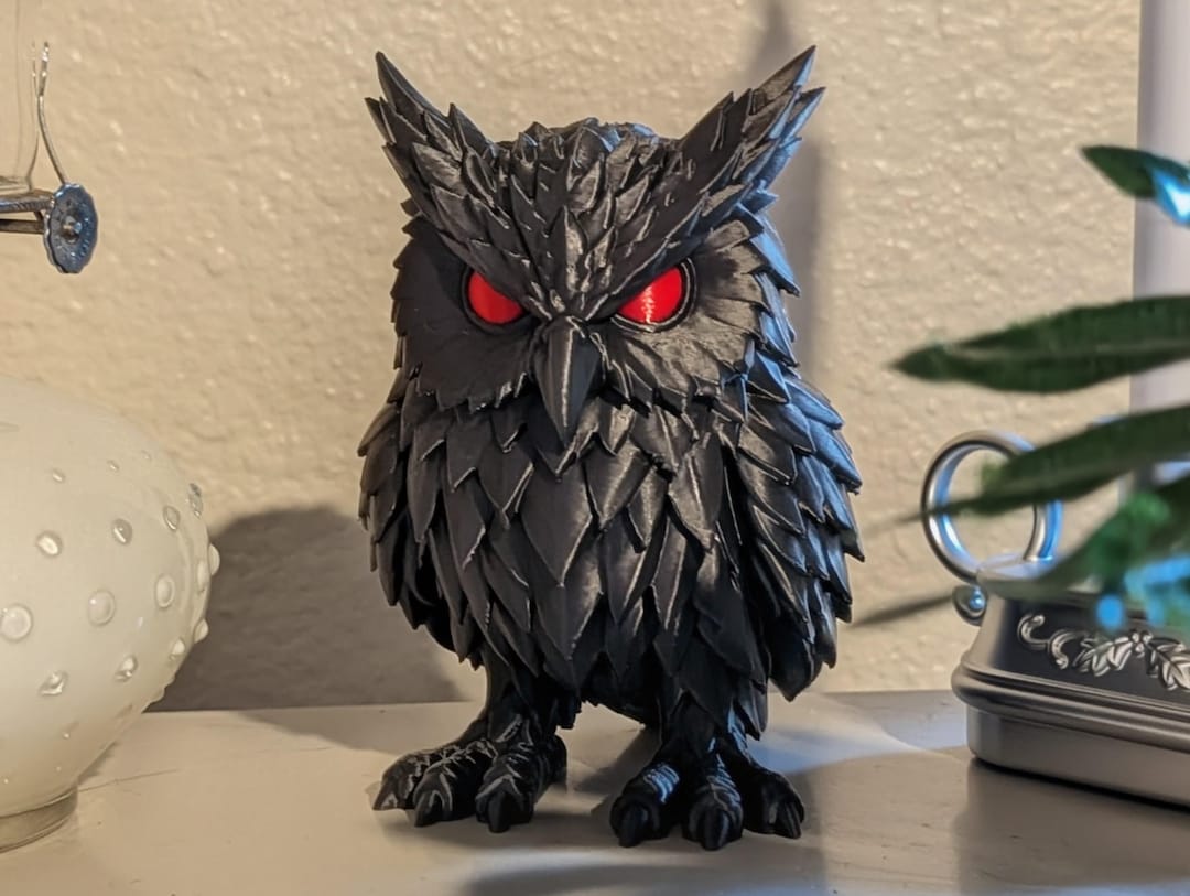 Gothic owl sculpture with red eyes by Deadmoon Designs