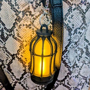 May include: A small, black lantern with a warm yellow glow hangs from a silver ring. The lantern has a decorative cage design. The background features a snakeskin pattern in shades of black, white, and gray.