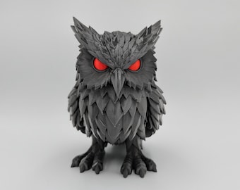 Dark Owl Statue, Gothic Black Bird Sculpture, Red Eye Shelf Decor
