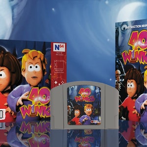 May include: Image of a Nintendo 64 video game set, featuring the game "40 Winks." The set includes the game cartridge, box, and instruction manual. The box art and cartridge label feature two cartoon characters with the game's title.