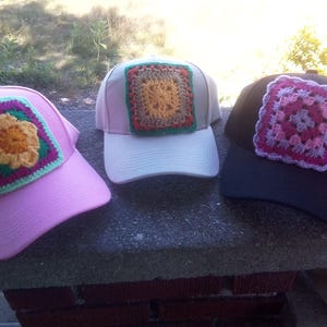 Crochet Patched trucker cap boho granny square daisy sunflower custom patches embroidered
