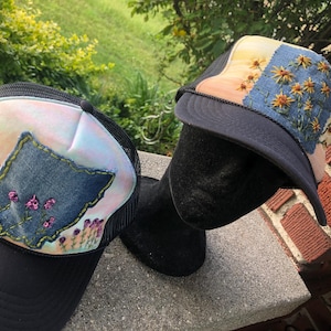 Crochet Patched trucker cap boho granny square daisy sunflower custom patches embroidered