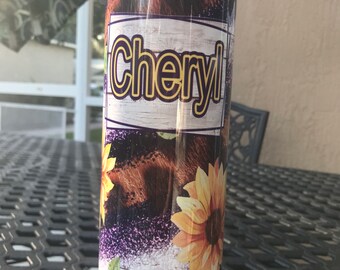 Sunflower Purple Glitter and Leopard 20 oz or 30 oz Stainless Steel Tumbler Cup Personalized