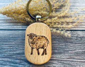 Wood Burned Sheep Keychain