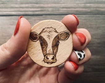 Handmade Wood Burned Cow Magnet, Farmhouse Decor